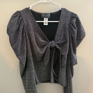 Hudson Gray Metallic Tie-Front V-Neck Sweater - Charcoal